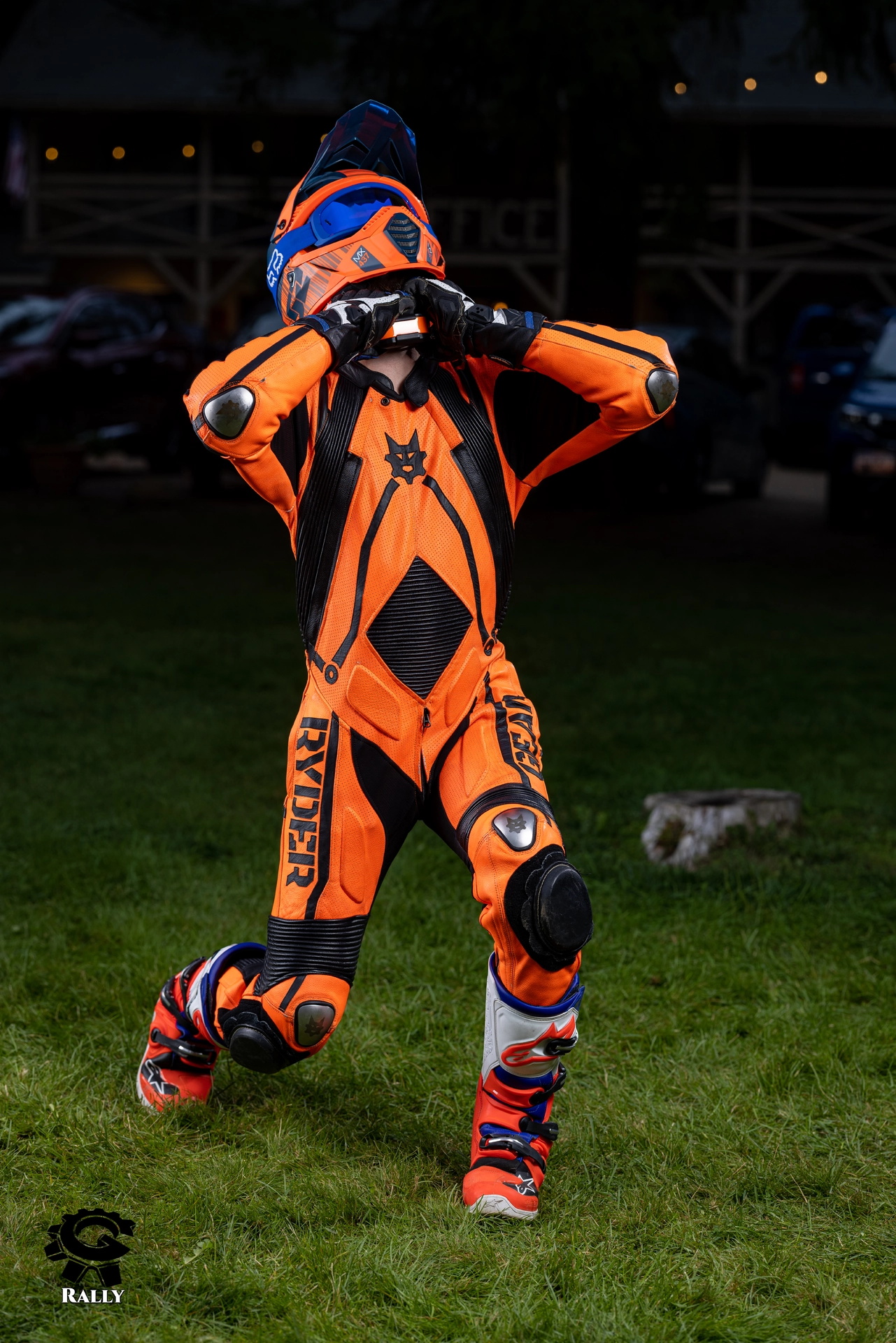 Pup in leathers tugging at a collar